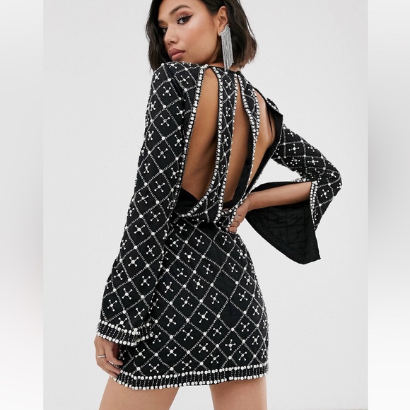 ASOS DESIGN black mini dress with long sleeve in pearl & beaded embellishment - Picture 2 of 6